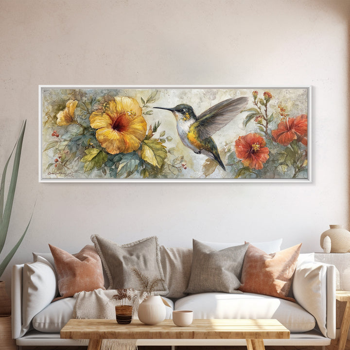 Hummingbird Beside Bright Flowers Framed Canvas Print, Wildlife Art, Unique Home Decor, Living Room Decor, Fine Art, Wild, WIL-3x1-32