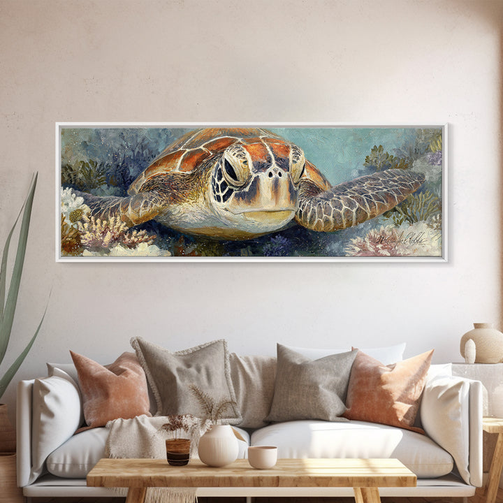 Sea Turtle over Coral Reef Canvas Print, Wildlife Art, Digital Wall Art, Living Room Decor, Abstract Art, Wild, Modern Art, WIL-3x1-34