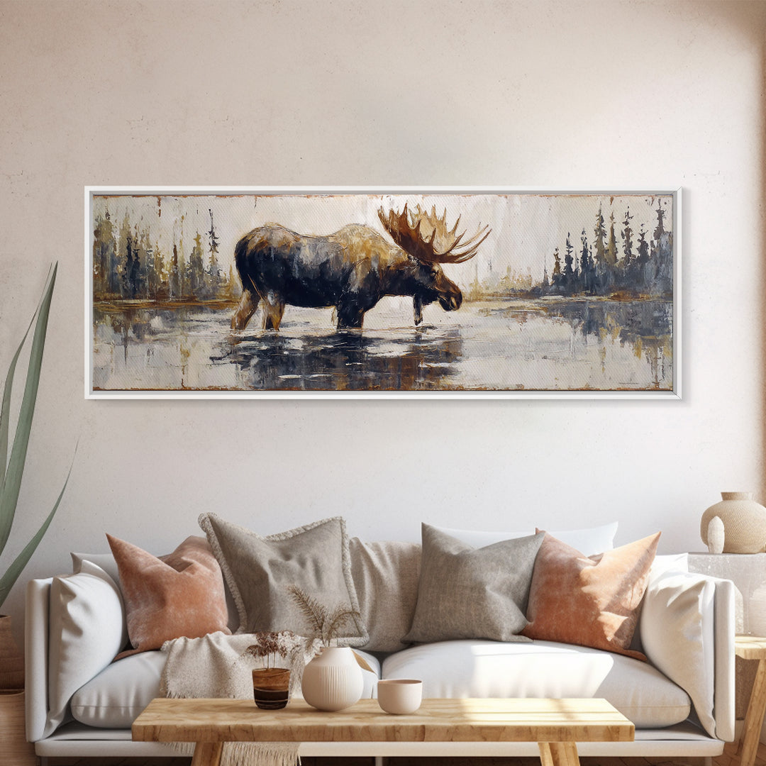 Moose Standing in Reflective Lake Canvas Print, Wildlife Art, Living Room Decor, Oil Painting, Wild, Digital Wall Art, WIL-3x1-35