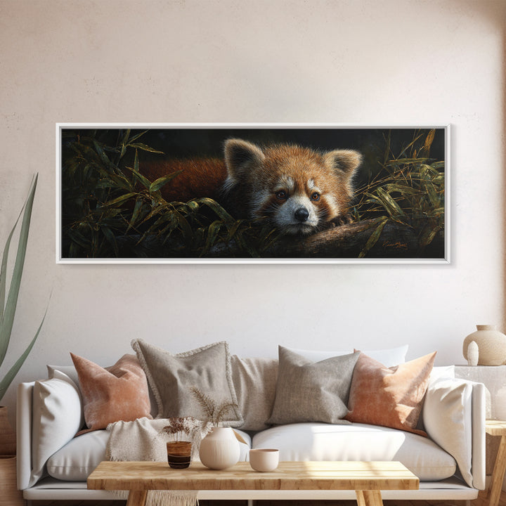 Red Panda Among Bamboo Leaves Canvas Print, Wildlife Art, Original Artwork, Living Room Decor, Fine Art, Wild, Minimalist Decor, WIL-3x1-36