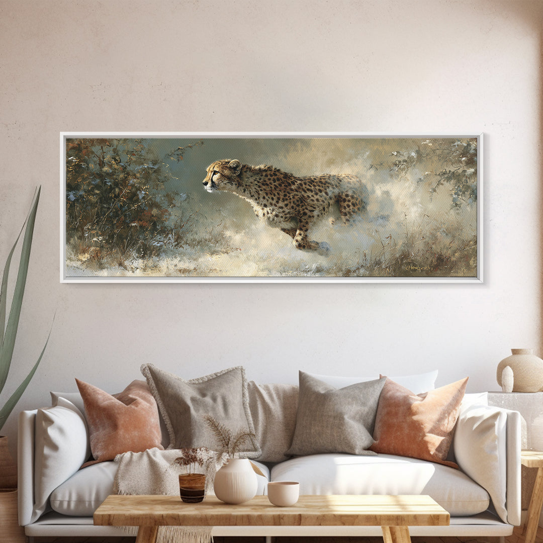 Cheetah Running Through Warm Dust Framed Canvas Print, Wildlife Art, Living Room Wall Art, Living Room Decor, Watercolor Art, WIL-3x1-37