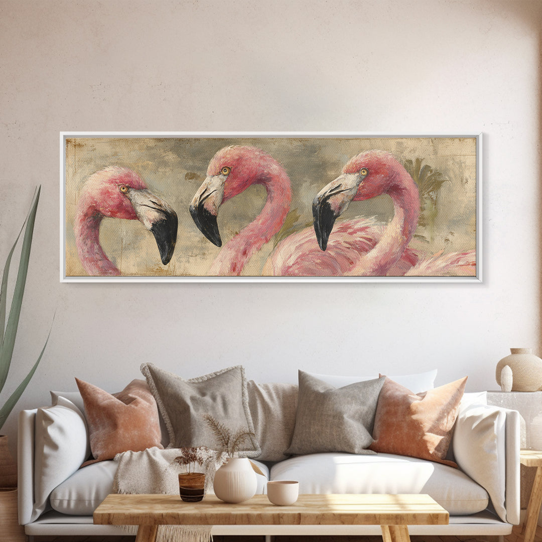 Flamingos in Pink Shallow Water Canvas Print, Wildlife Art, Large Wall Art, Living Room Decor, Fine Art, Wild, Landscape Art, WIL-3x1-38
