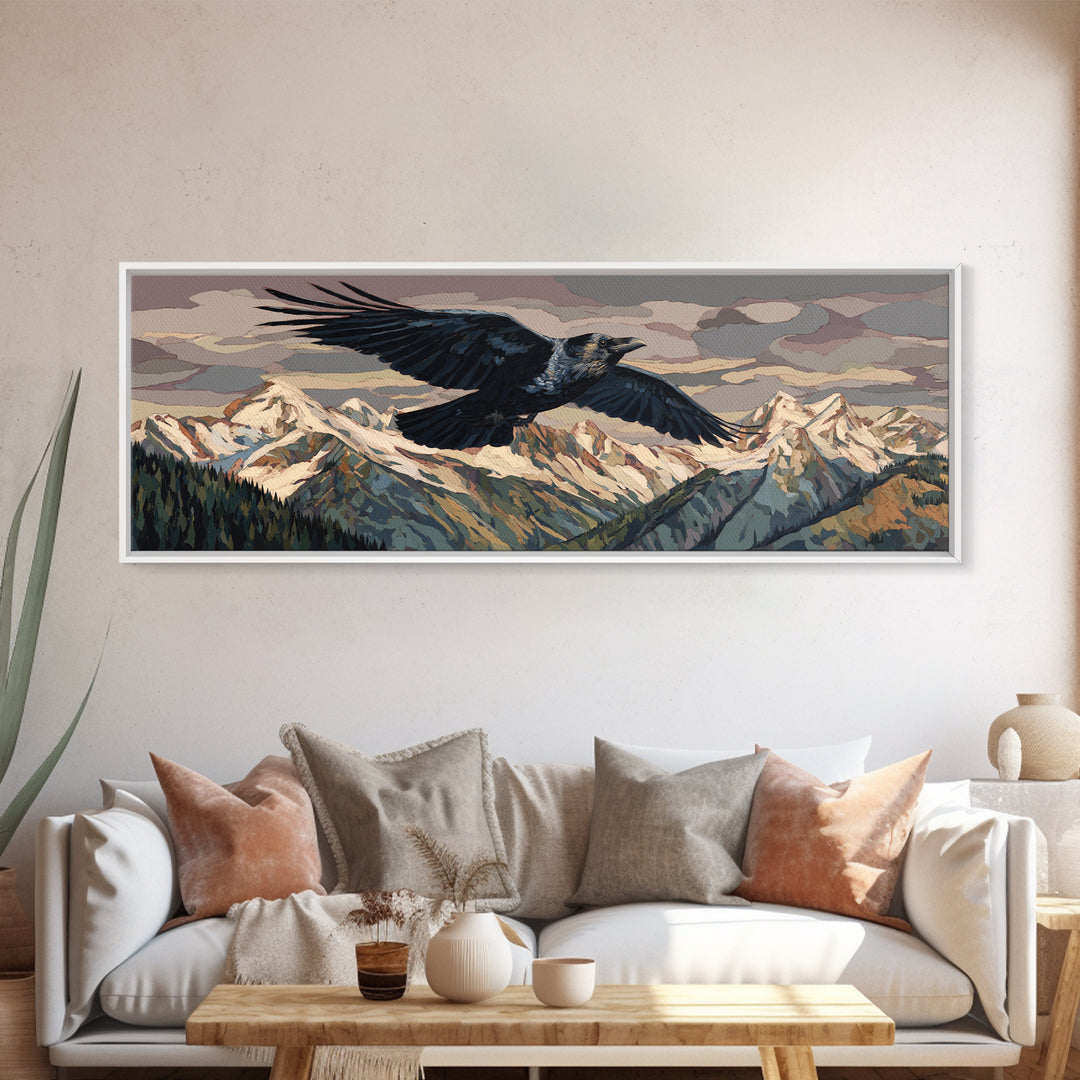 Raven Flying Through Snowy Mountains Canvas Print, Wildlife Art, Gallery Decor, Living Room Decor, Oil Painting, Wild, WIL-3x1-40