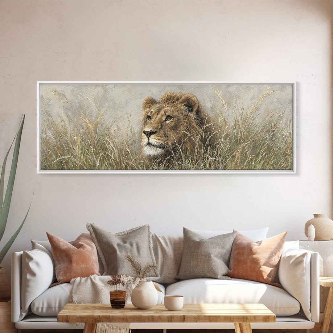 Lion Emerging from Golden Savanna Grass Canvas Print, Wildlife Art, Living Room Art, Living Room Decor, Watercolor Art, Wild, WIL-3x1-41
