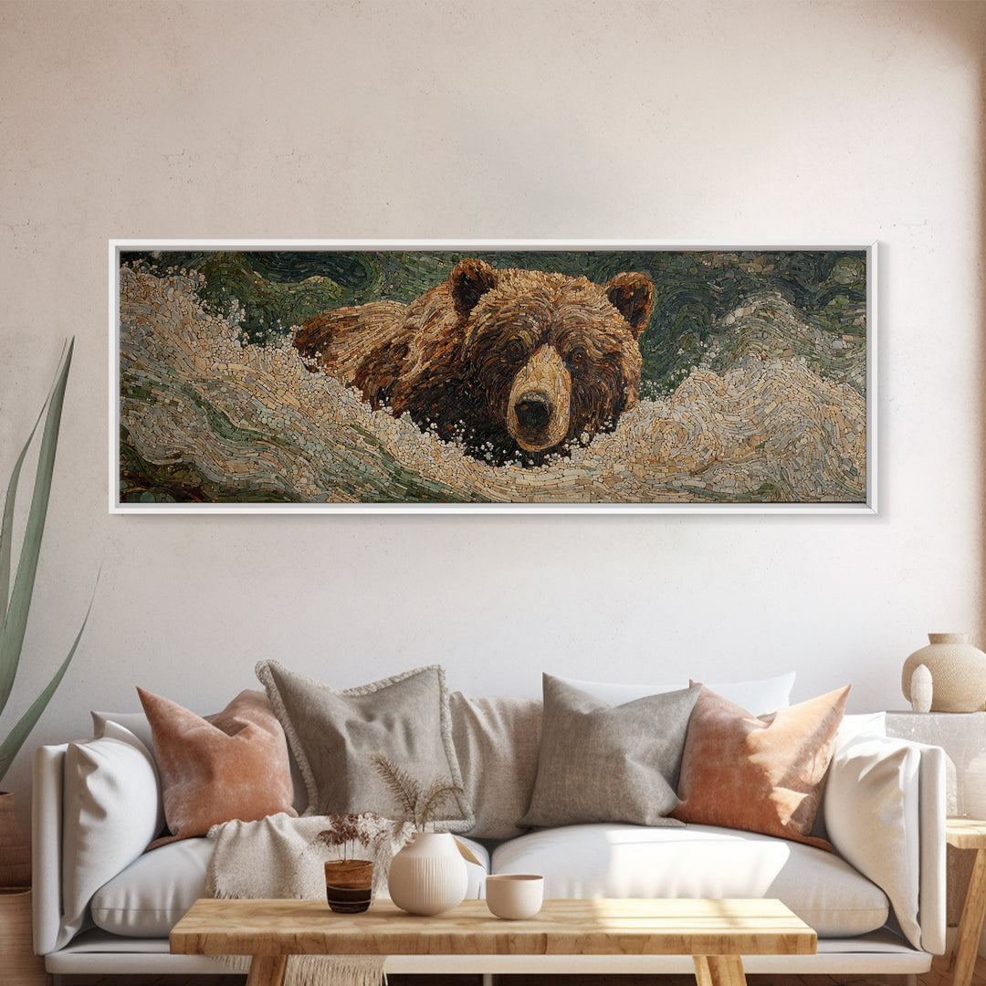 Bear Fishing in Rushing Mountain River Framed Canvas Print, Wildlife Art, Neutral Decor, Living Room Decor, Fine Art, Wild, WIL-3x1-44