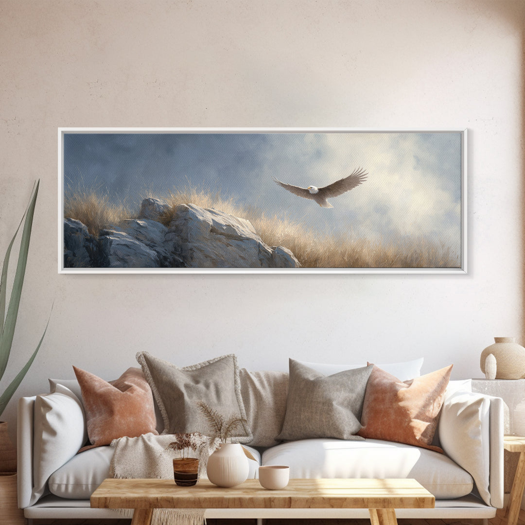 Eagle Soaring Above Rocky Cliffs Canvas Print, Wildlife Art, Canvas Print, Living Room Decor, Fine Art, Wild, Forest Wall Art, WIL-3x1-46