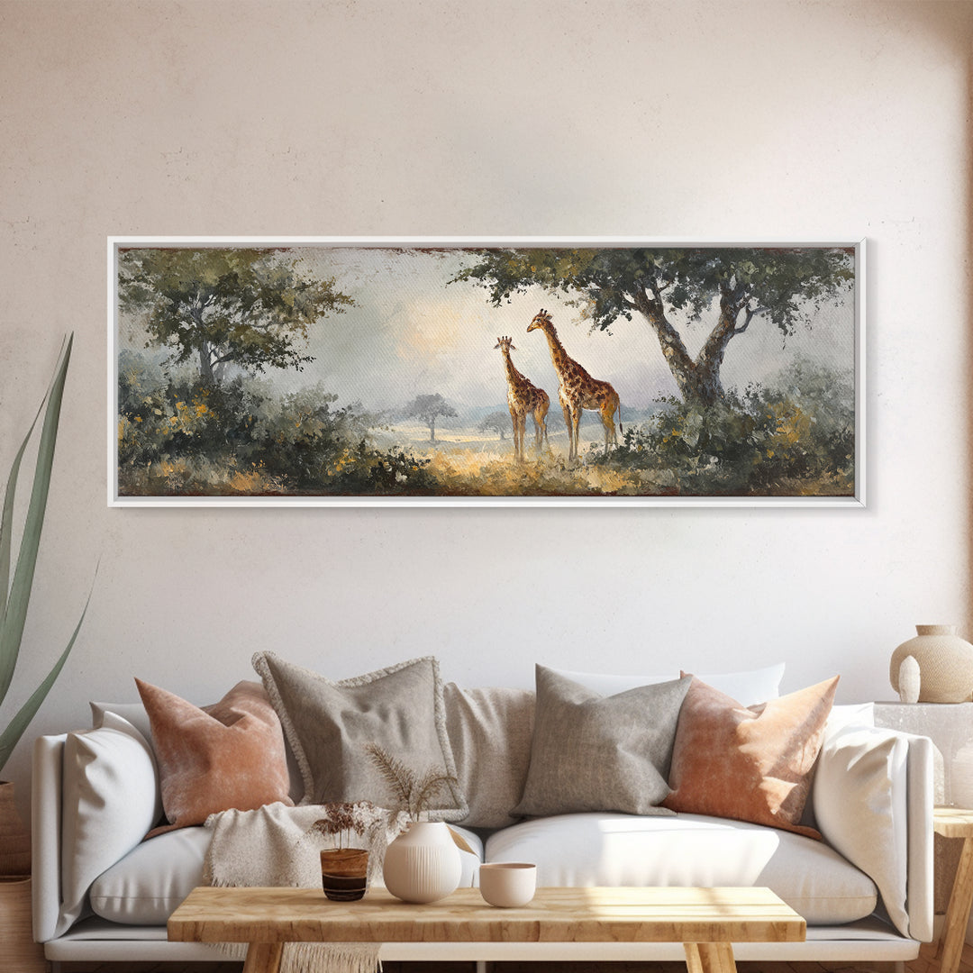 Giraffe Pair under Acacia Tree Framed Canvas Print, Wildlife Art, Wall Decor, Living Room Decor, Oil Painting, Wild, Bird Art, WIL-3x1-47