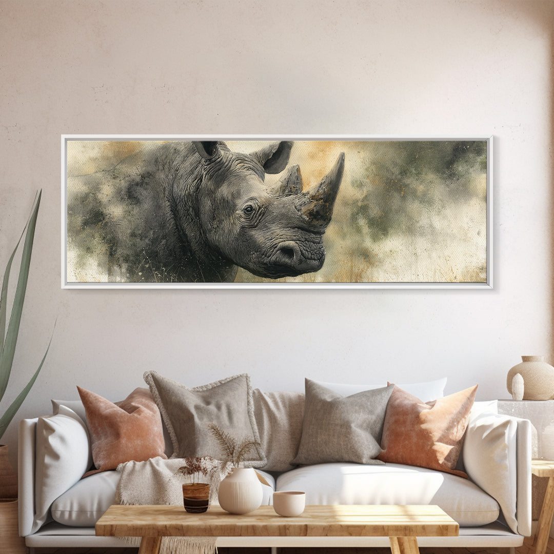 Rhino in Dramatic Stormy Light Canvas Print, Wildlife Art, Art Print, Living Room Decor, Fine Art, Wild, Digital Wall Art, WIL-3x1-48
