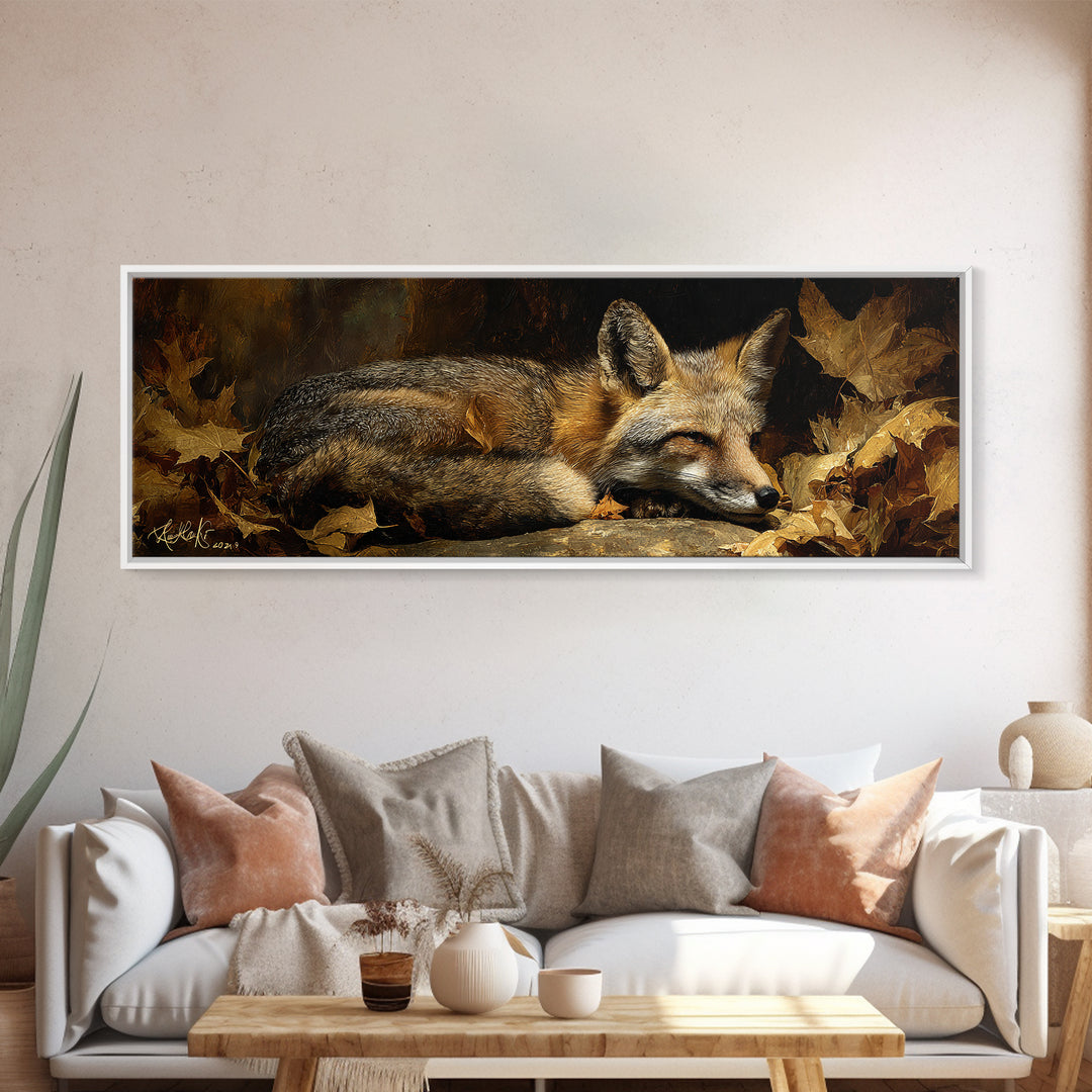 Fox in Autumn Forest Leaves Canvas Print, Wildlife Art, Modern Art, Living Room Decor, Fine Art, Wild, Neutral Decor, WIL-3x1-49