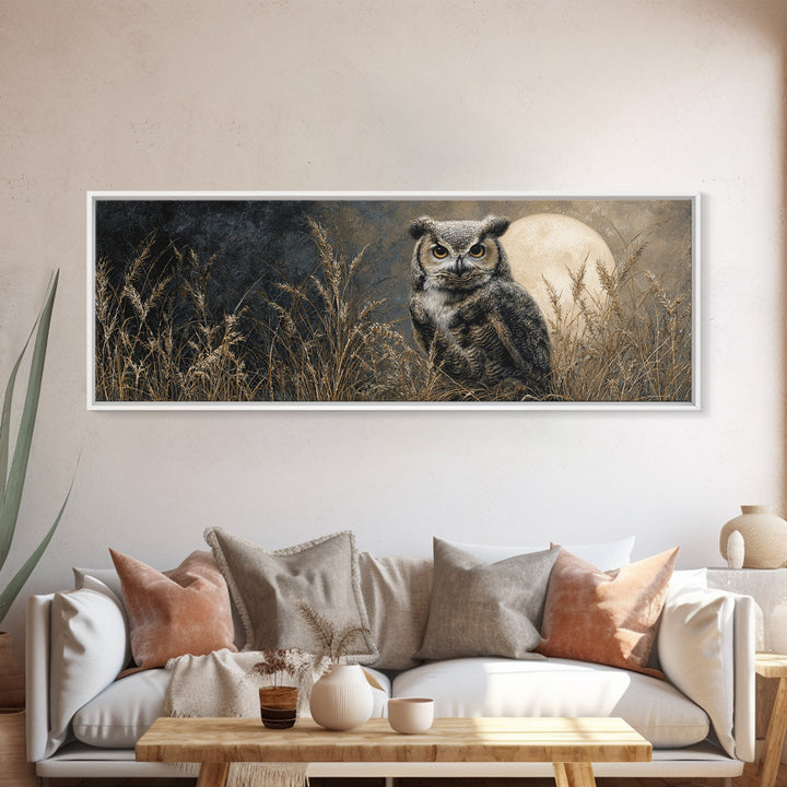 Owl Perched in Moonlit Woodland Framed Canvas Print, Wildlife Art, Room Decor, Living Room Decor, Abstract Art, Wild, WIL-3x1-52