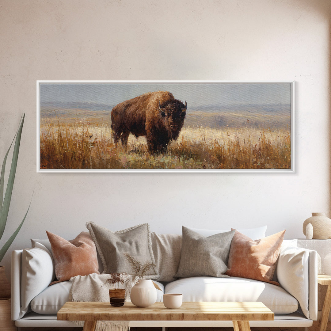 Bison on Wide Western Prairie Framed Canvas Print, Wildlife Art, Landscape Art, Living Room Decor, Fine Art, Wild, Modern Decor, WIL-3x1-53