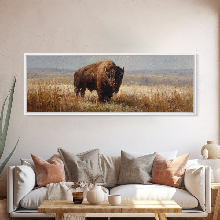 Bison on Wide Western Prairie Framed Canvas Print, Wildlife Art, Landscape Art, Living Room Decor, Fine Art, Wild, Modern Decor, WIL-3x1-53