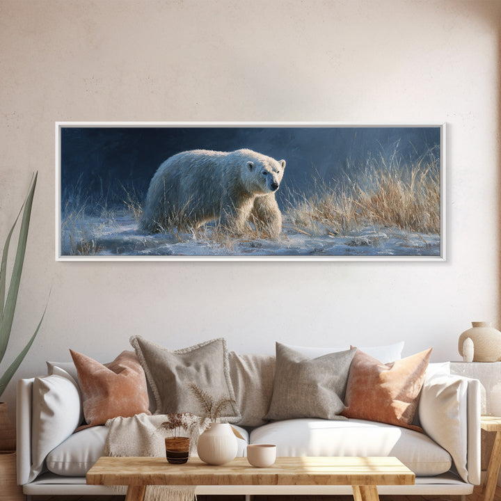 Polar Bear Crossing Blue Ice Framed Canvas Print, Wildlife Art, Contemporary Art, Living Room Decor, Wild, Wall Art Print, WIL-3x1-55
