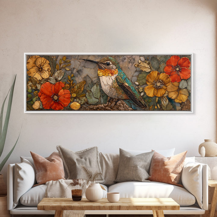Hummingbird Beside Bright Flowers Framed Canvas Print, Wildlife Art, Textured Painting, Living Room Decor, Oil Painting, Wild, WIL-3x1-56