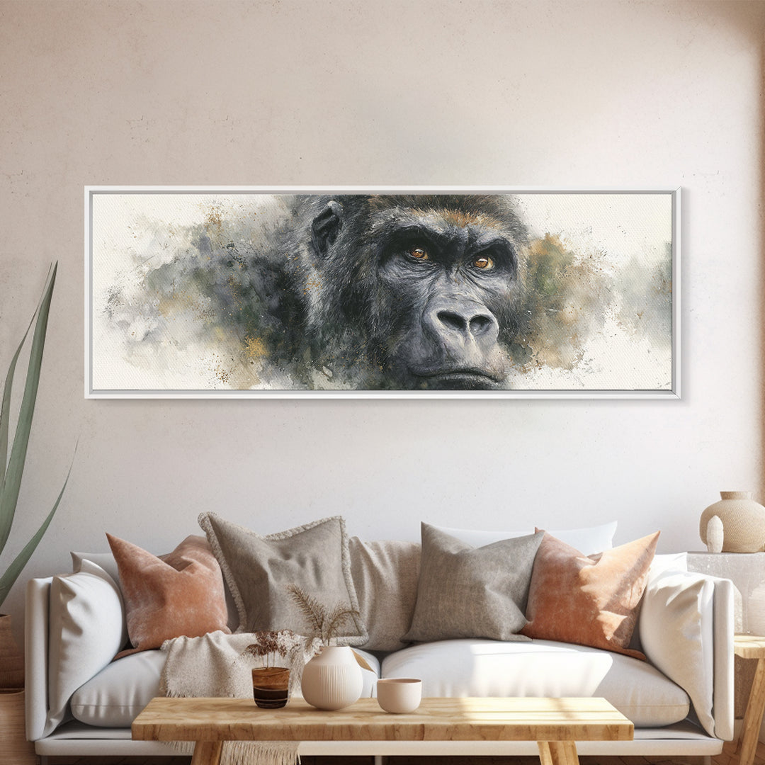 Gorilla Portrait with Powerful Gaze Framed Canvas Print, Wildlife Art, Leopard Wall Art, Living Room Decor, Fine Art, Wild, WIL-3x1-57