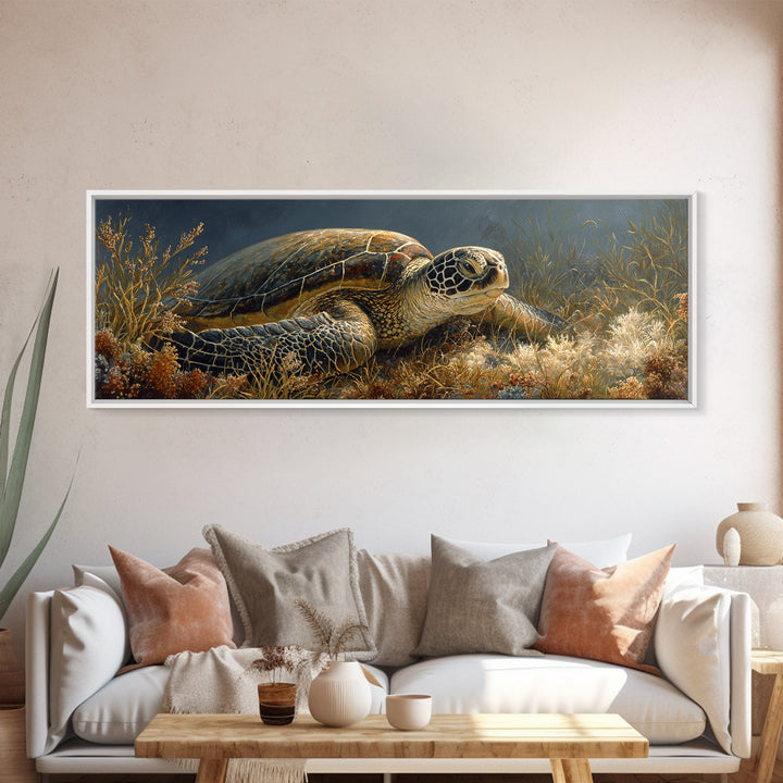 Sea Turtle over Coral Reef Framed Canvas Print, Wildlife Art, Modern Wall Art, Living Room Decor, Fine Art, Wild, Bird Wall Art, WIL-3x1-58