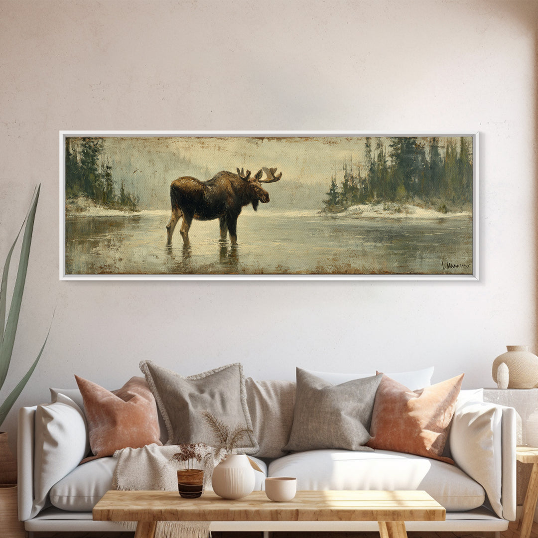 Moose Standing in Reflective Lake Framed Canvas Print, Wildlife Art, Wall Art, Living Room Decor, Wild, Modern Wall Art, WIL-3x1-59