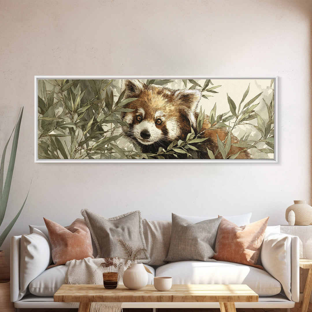 Red Panda Among Bamboo Leaves Framed Canvas Print, Wildlife Art, Boho Decor, Living Room Decor, Fine Art, Wild, Painting, WIL-3x1-60
