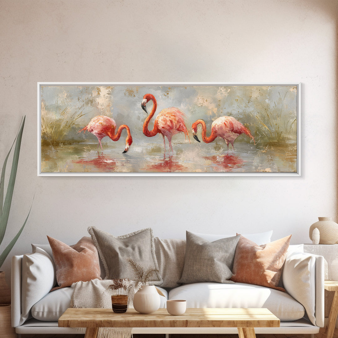 Flamingos in Pink Shallow Water Canvas Print, Wildlife Art, Gallery Decor, Living Room Decor, Oil Painting, Wild, WIL-3x1-62
