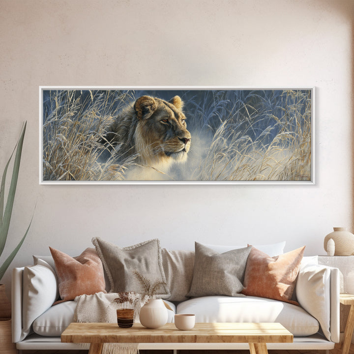 Lion Emerging from Golden Savanna Grass Canvas Print, Wildlife Art, Living Room Art, Living Room Decor, Watercolor Art, Wild, WIL-3x1-65