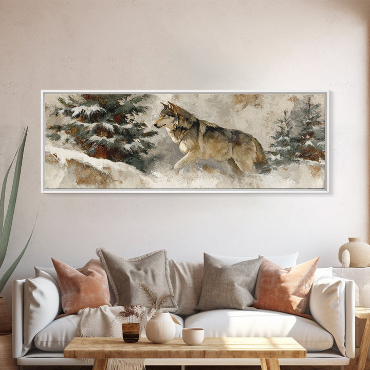 Wolf Standing Beneath Snowy Pine Trees Framed Canvas Print, Wildlife Art, Large Wall Art, Living Room Decor, Abstract Art, Wild, WIL-3x1-67
