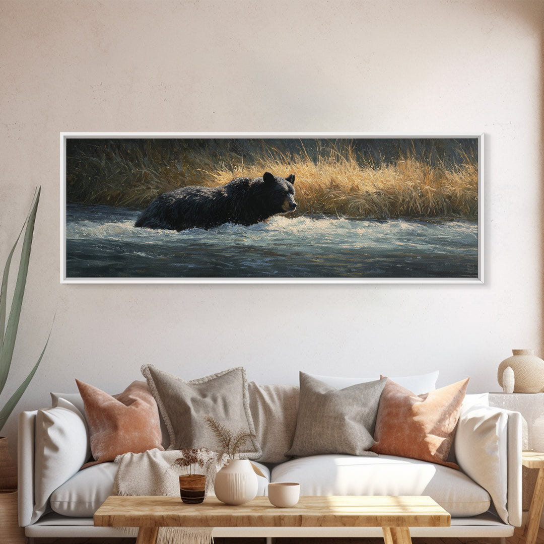 Bear Fishing in Rushing Mountain River Framed Canvas Print, Wildlife Art, Living Room Decor, Watercolor Art, Wild, WIL-3x1-68