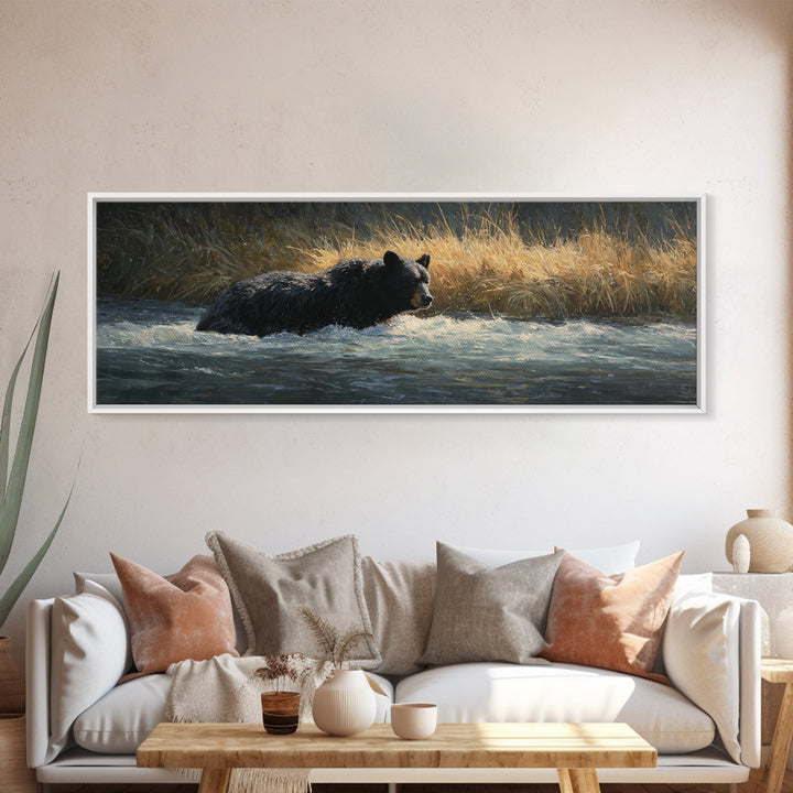 Bear Fishing in Rushing Mountain River Framed Canvas Print, Wildlife Art, Living Room Decor, Watercolor Art, Wild, WIL-3x1-68