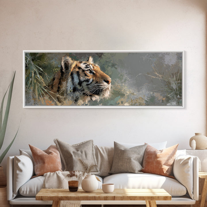Tiger Portrait with Jungle Shadows Framed Canvas Print, Wildlife Art, Canvas Painting, Living Room Decor, Fine Art, Wild, WIL-3x1-69