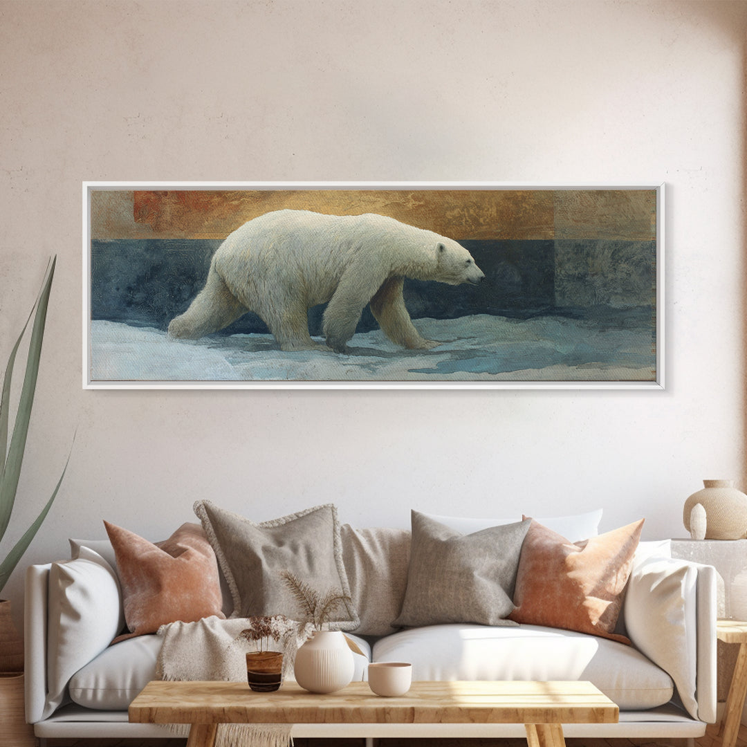 Polar Bear Crossing Blue Ice Framed Canvas Print, Wildlife Art, Neutral Decor, Living Room Decor, Fine Art, Wild, Wall Art, WIL-3x1-7
