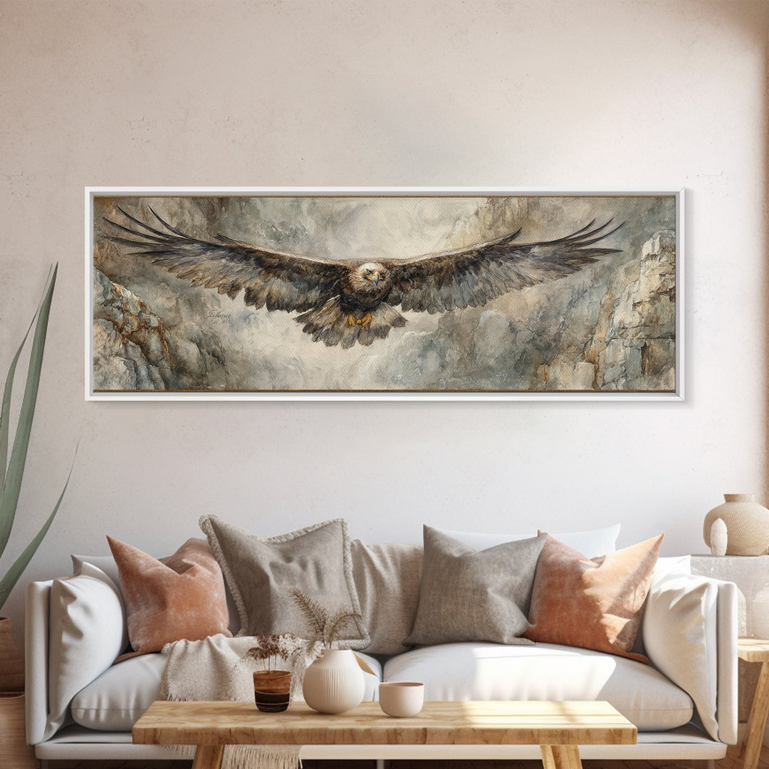 Eagle Soaring Above Rocky Cliffs Canvas Print, Wildlife Art, Art Print, Living Room Decor, Oil Painting, Wild, Digital Wall Art, WIL-3x1-70