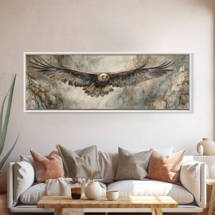Eagle Soaring Above Rocky Cliffs Canvas Print, Wildlife Art, Art Print, Living Room Decor, Oil Painting, Wild, Digital Wall Art, WIL-3x1-70