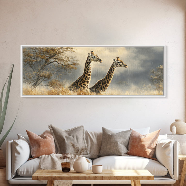 Giraffe Pair under Acacia Tree Canvas Print, Wildlife Art, Original Art, Living Room Decor, Fine Art, Wild, Leopard Wall Art, WIL-3x1-71
