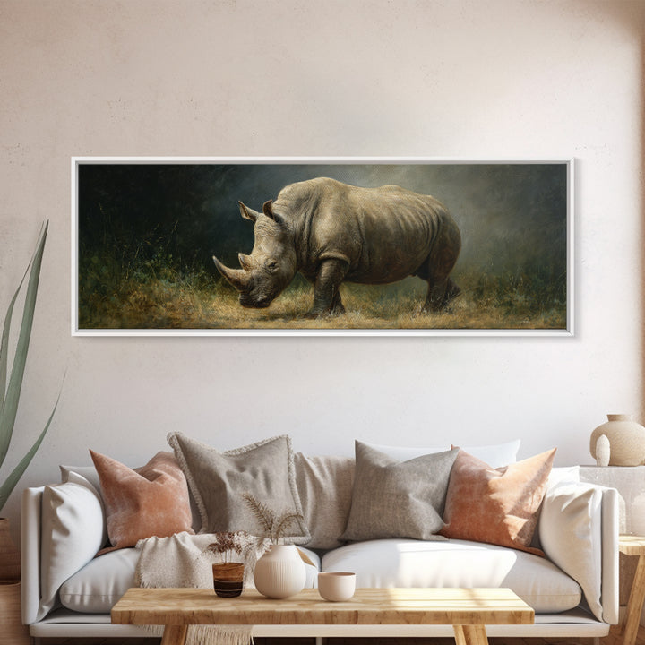 Rhino in Dramatic Stormy Light Framed Canvas Print, Wildlife Art, Wall Art, Living Room Decor, Fine Art, Wild, Modern Wall Art, WIL-3x1-72