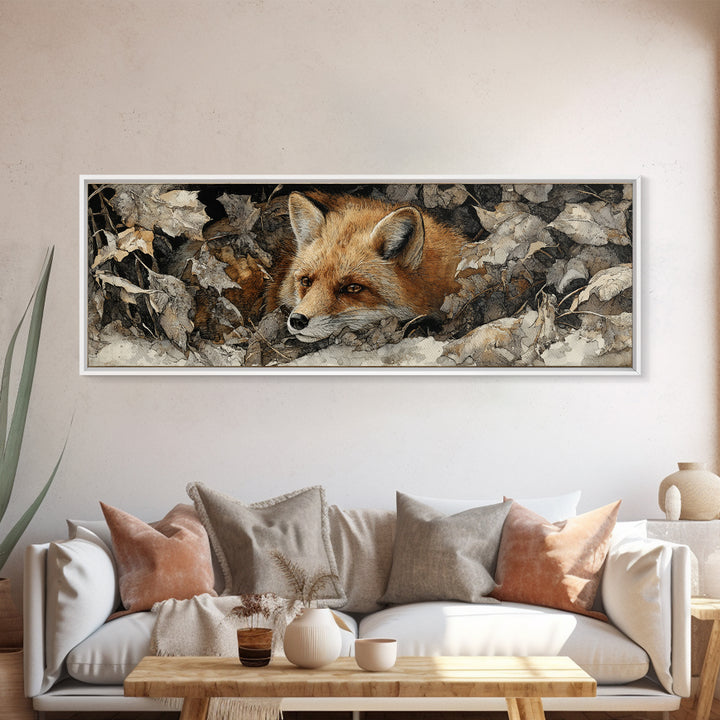 Fox in Autumn Forest Leaves Framed Canvas Print, Wildlife Art, Bird Wall Art, Living Room Decor, Oil Painting, Wild, WIL-3x1-73