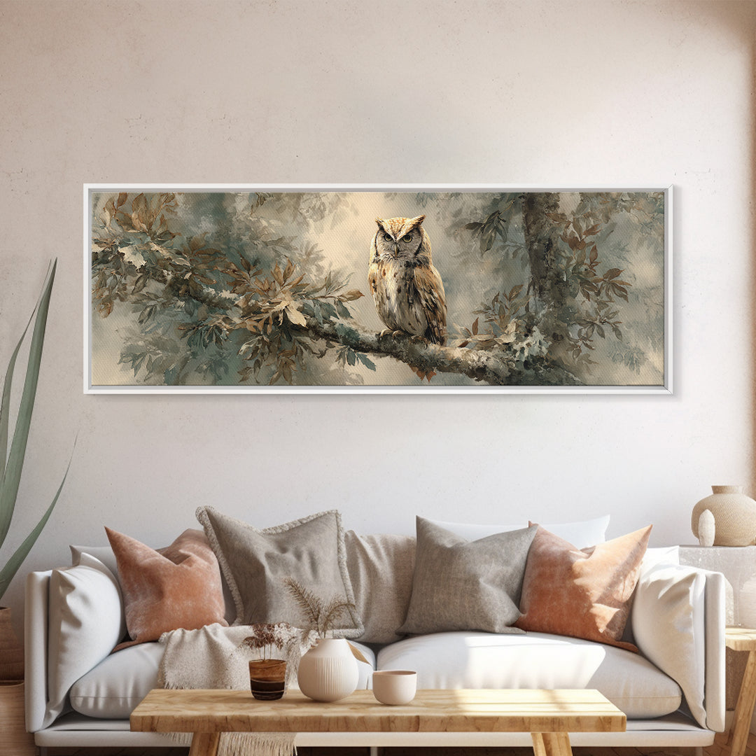 Owl Perched in Moonlit Woodland Canvas Print, Wildlife Art, Home Decor, Living Room Decor, Fine Art, Wild, Boho Wall Decor, WIL-3x1-76