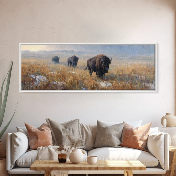 Bison on Wide Western Prairie Framed Canvas Print, Wildlife Art, Landscape Art, Living Room Decor, Fine Art, Wild, Modern Decor, WIL-3x1-77