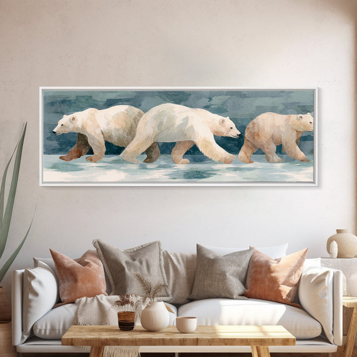 Polar Bear Crossing Blue Ice Framed Canvas Print, Wildlife Art, Living Room Decor, Oil Painting, Wild, Living Room Art, WIL-3x1-79