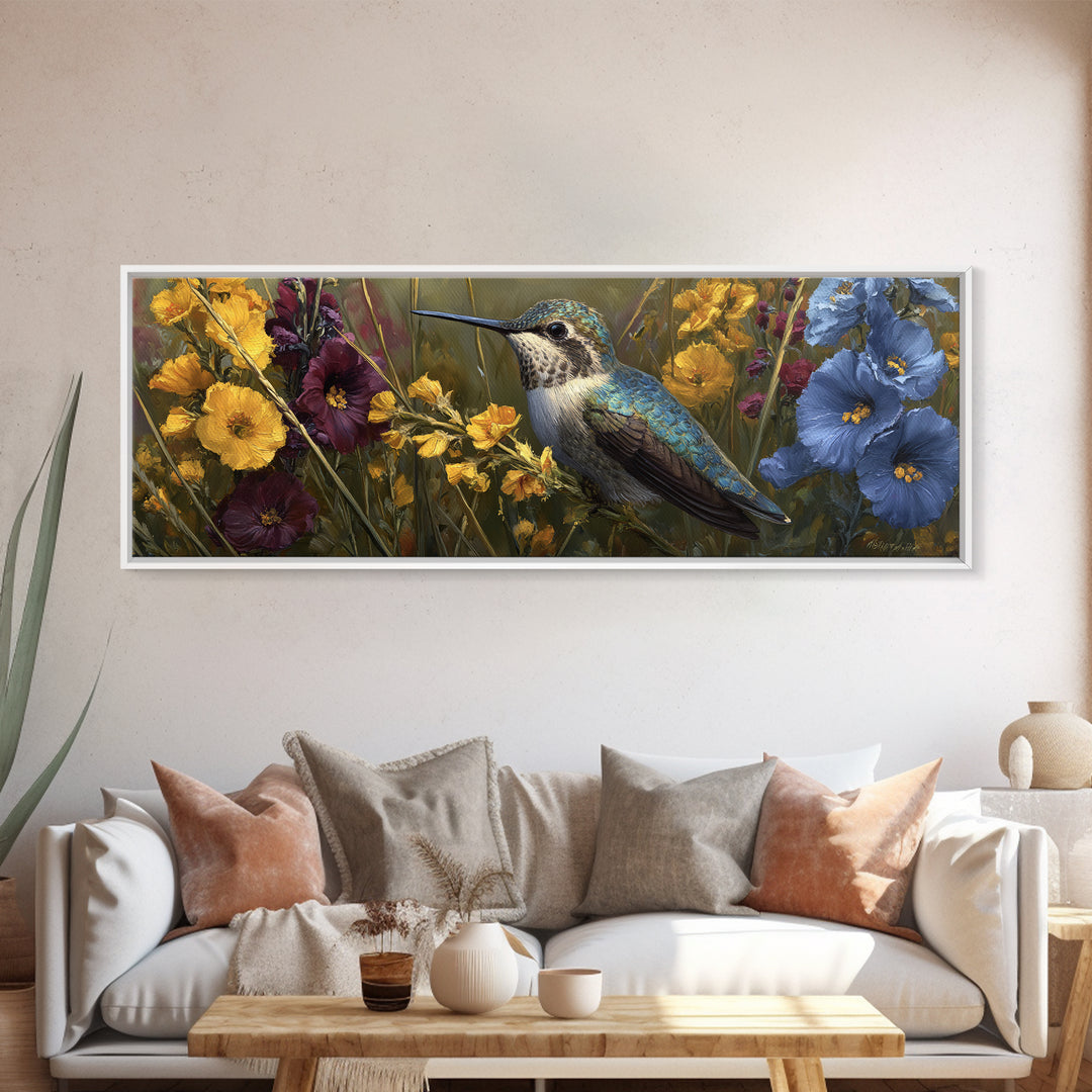 Hummingbird Beside Bright Flowers Canvas Print, Wildlife Art, Living Room Art, Living Room Decor, Watercolor Art, Wild, WIL-3x1-8