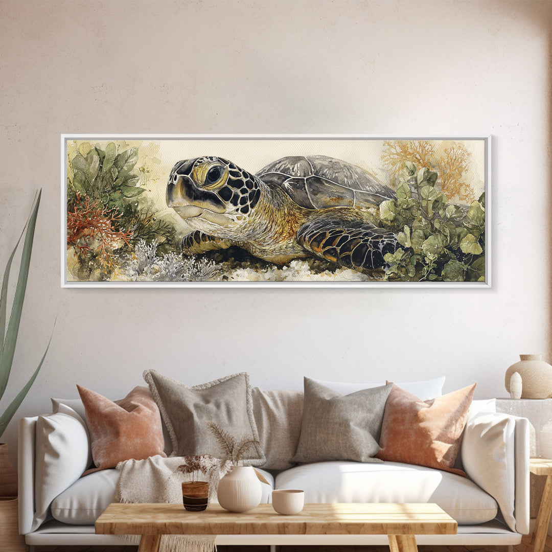 Sea Turtle over Coral Reef Framed Canvas Print, Wildlife Art, Modern Wall Art, Living Room Decor, Fine Art, Wild, Bird Wall Art, WIL-3x1-82