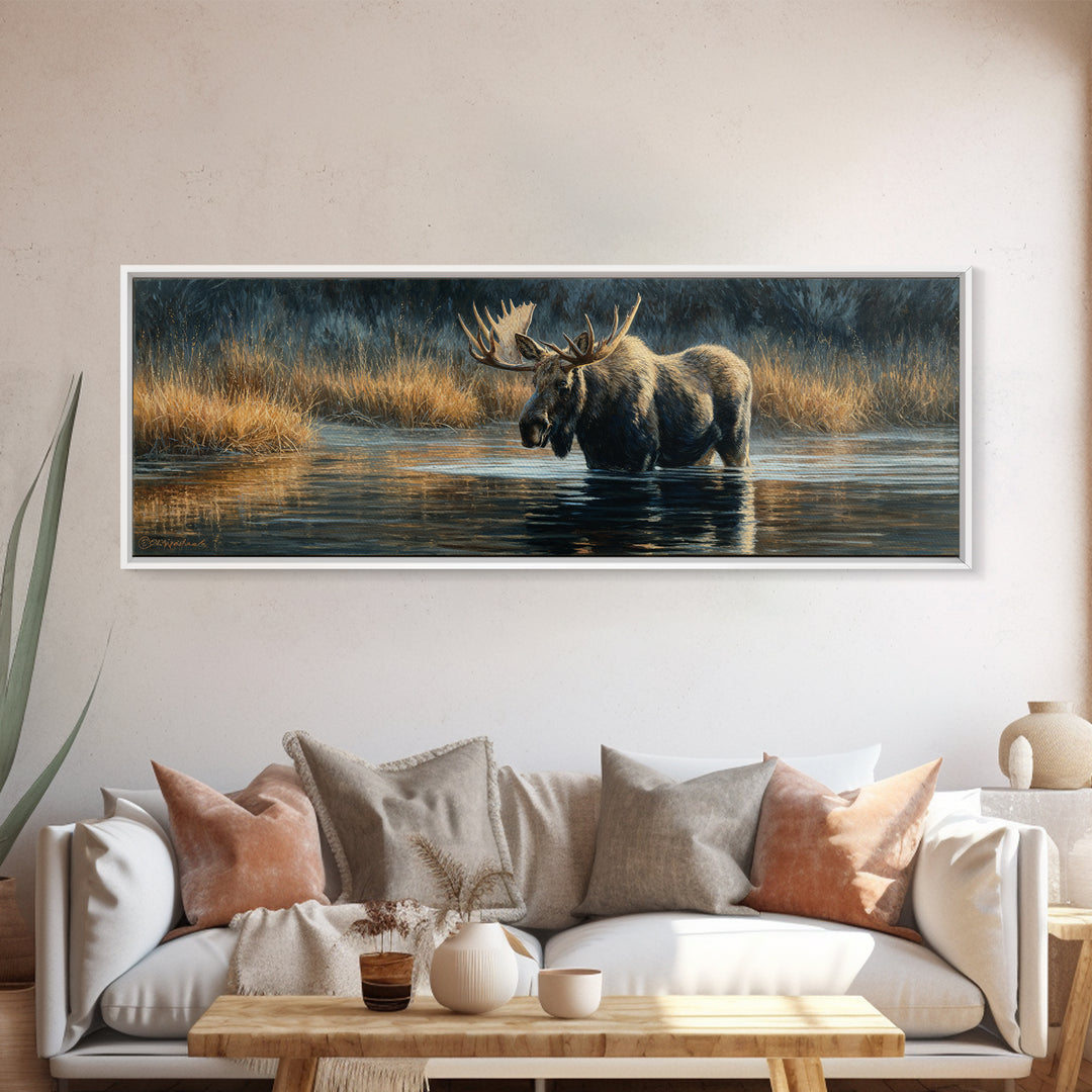 Moose Standing in Reflective Lake Canvas Print, Wildlife Art, Oil Painting, Living Room Decor, Fine Art, Wild, Bedroom Wall Art, WIL-3x1-83
