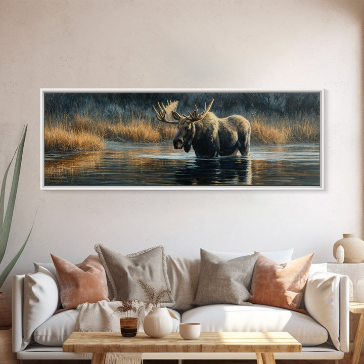 Moose Standing in Reflective Lake Canvas Print, Wildlife Art, Oil Painting, Living Room Decor, Fine Art, Wild, Bedroom Wall Art, WIL-3x1-83