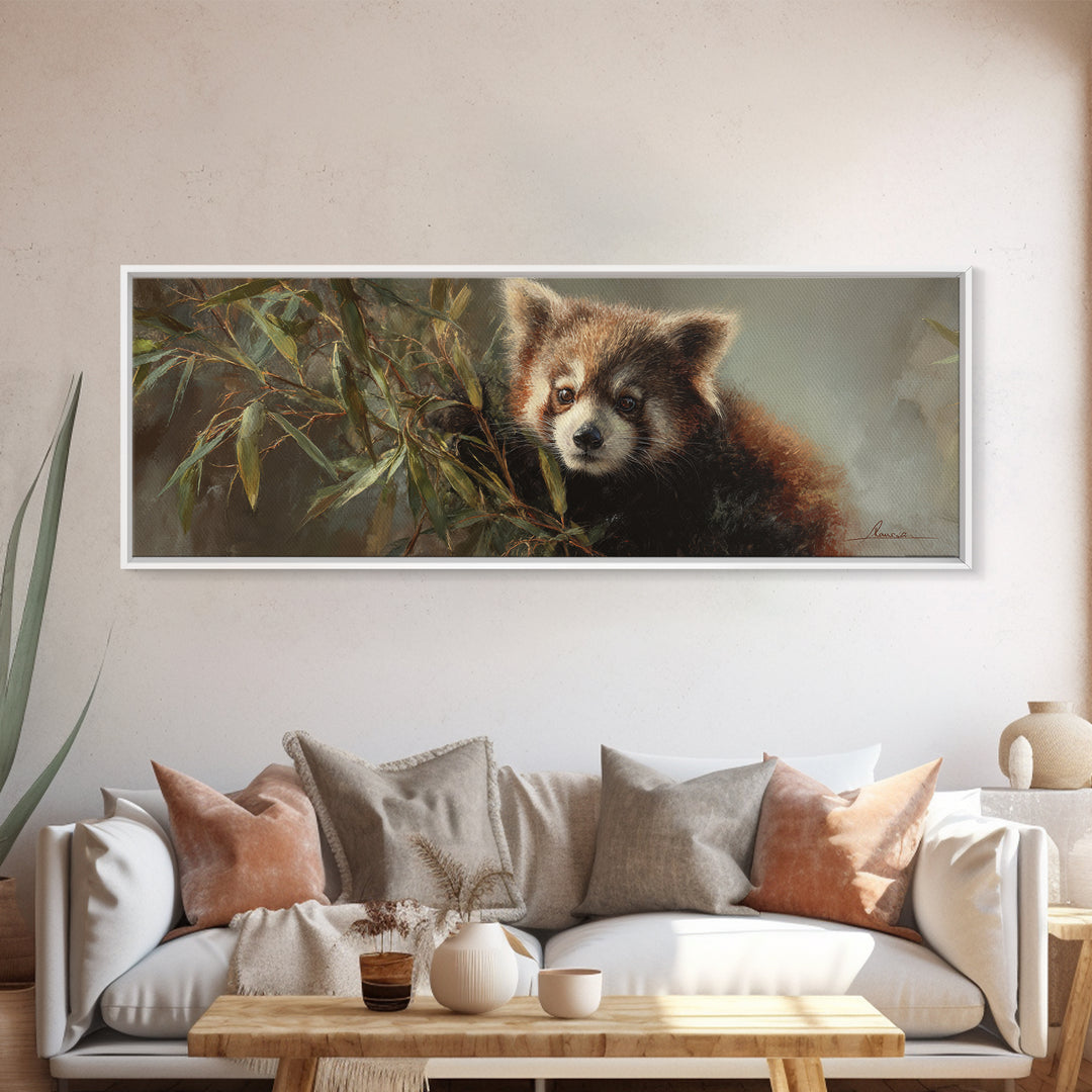 Red Panda Among Bamboo Leaves Framed Canvas Print, Wildlife Art, Wall Decor, Living Room Decor, Wild, Living Room Wall Art, WIL-3x1-84