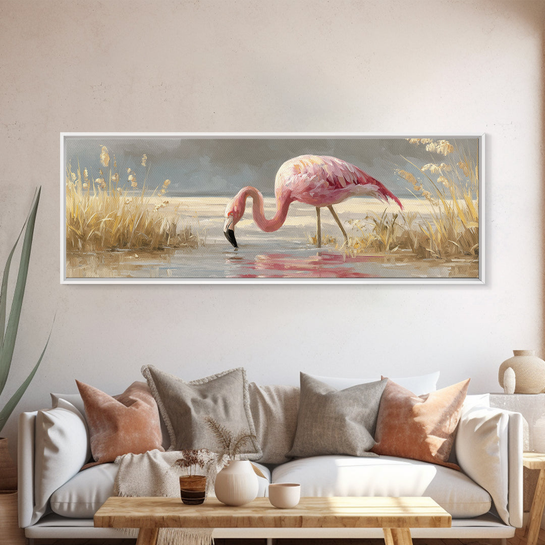 Flamingos in Pink Shallow Water Canvas Print, Wildlife Art, Canvas Wall Art, Living Room Decor, Watercolor Art, Wild, WIL-3x1-86