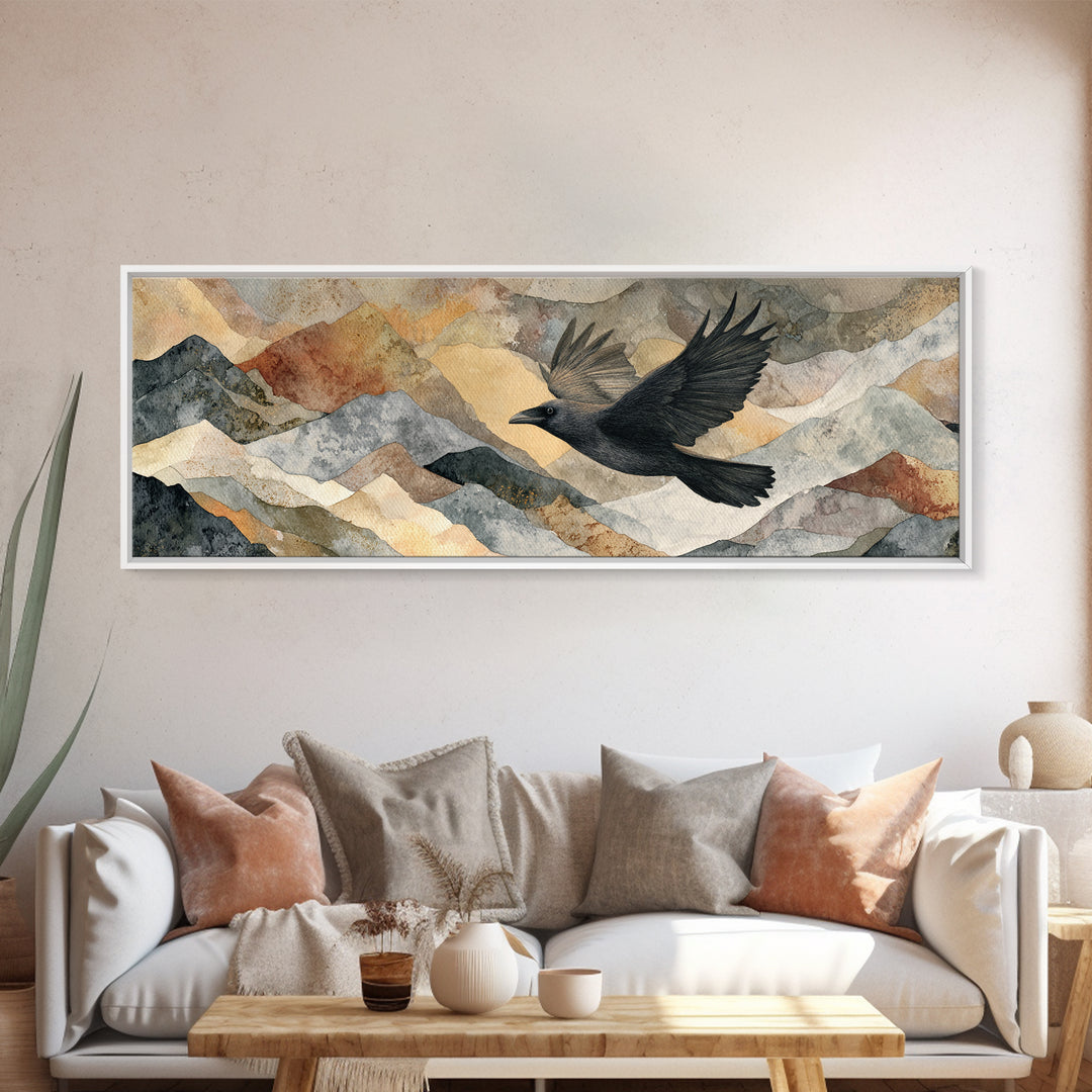 Raven Flying Through Snowy Mountains Canvas Print, Wildlife Art, Minimalist Decor, Living Room Decor, Fine Art, Wild, WIL-3x1-88