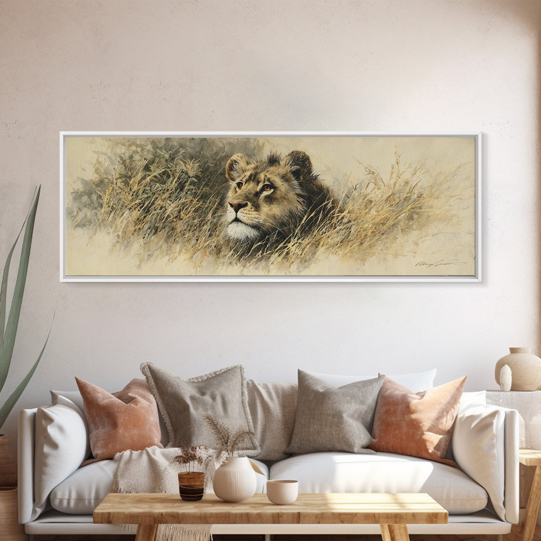 Lion Emerging from Golden Savanna Grass Framed Canvas Print, Wildlife Art, Unique Home Decor, Living Room Decor, Oil Painting, WIL-3x1-89