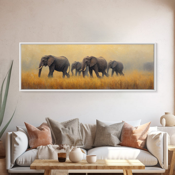 Elephant Herd Walking Through Dusty Sunset Framed Canvas Print, Wildlife Art, Landscape Art, Living Room Decor, Fine Art, Wild, WIL-3x1-90