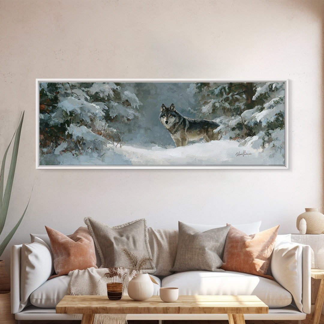 Wolf Standing Beneath Snowy Pine Trees Canvas Print, Wildlife Art, Room Decor, Living Room Decor, Fine Art, Wild, WIL-3x1-91