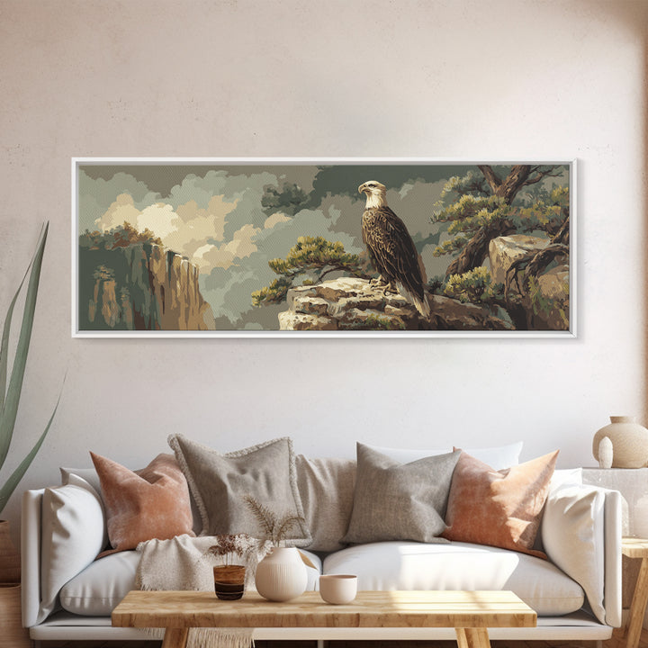 Eagle Soaring Above Rocky Cliffs Canvas Print, Wildlife Art, Bird Art, Living Room Decor, Watercolor Art, Wild, WIL-3x1-94