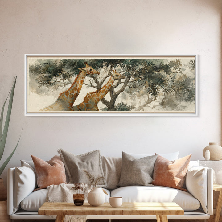 Giraffe Pair under Acacia Tree Canvas Print, Wildlife Art, Living Room Decor, Oil Painting, Wild, Original Art, WIL-3x1-95