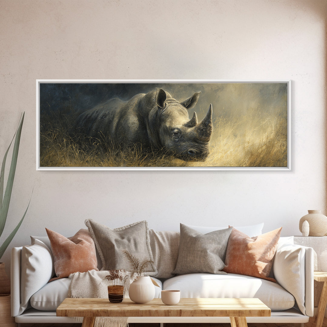 Rhino in Dramatic Stormy Light Canvas Print, Wildlife Art, Neutral Decor, Living Room Decor, Fine Art, Wild, Wall Art, WIL-3x1-96